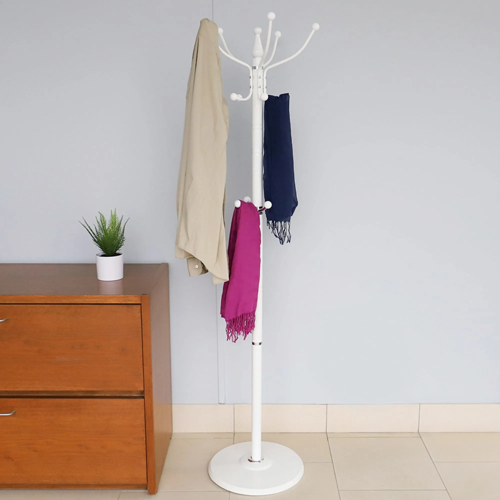 16 Hook Free Standing Coat Rack with Sandstone Base, White