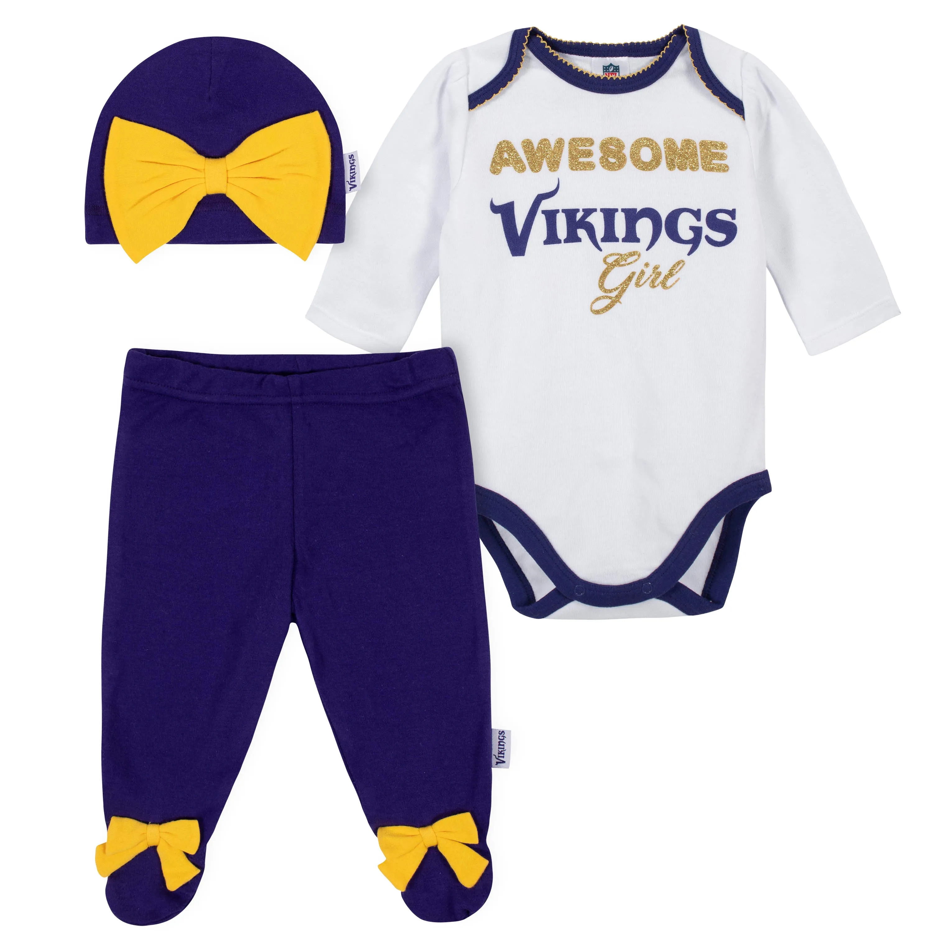 Awesome Vikings Baby Girl Bodysuit, Footed Pant & Cap Set