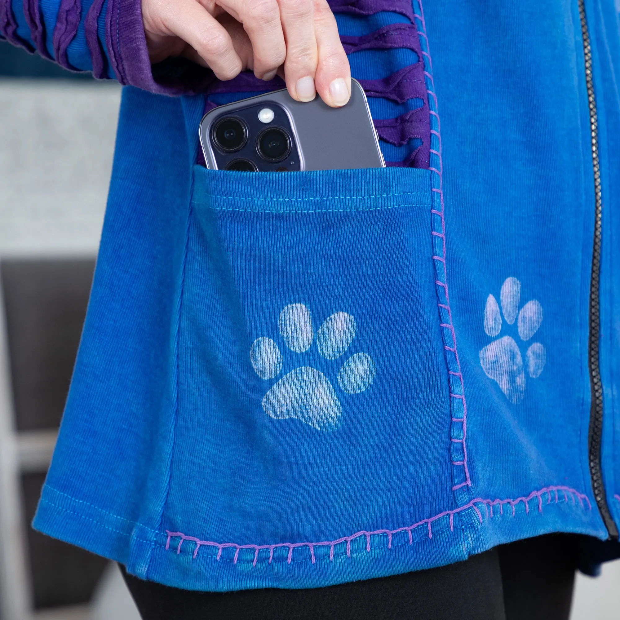 Blue & Purple Stonewashed Paw Print Hooded Jacket | Fair Trade