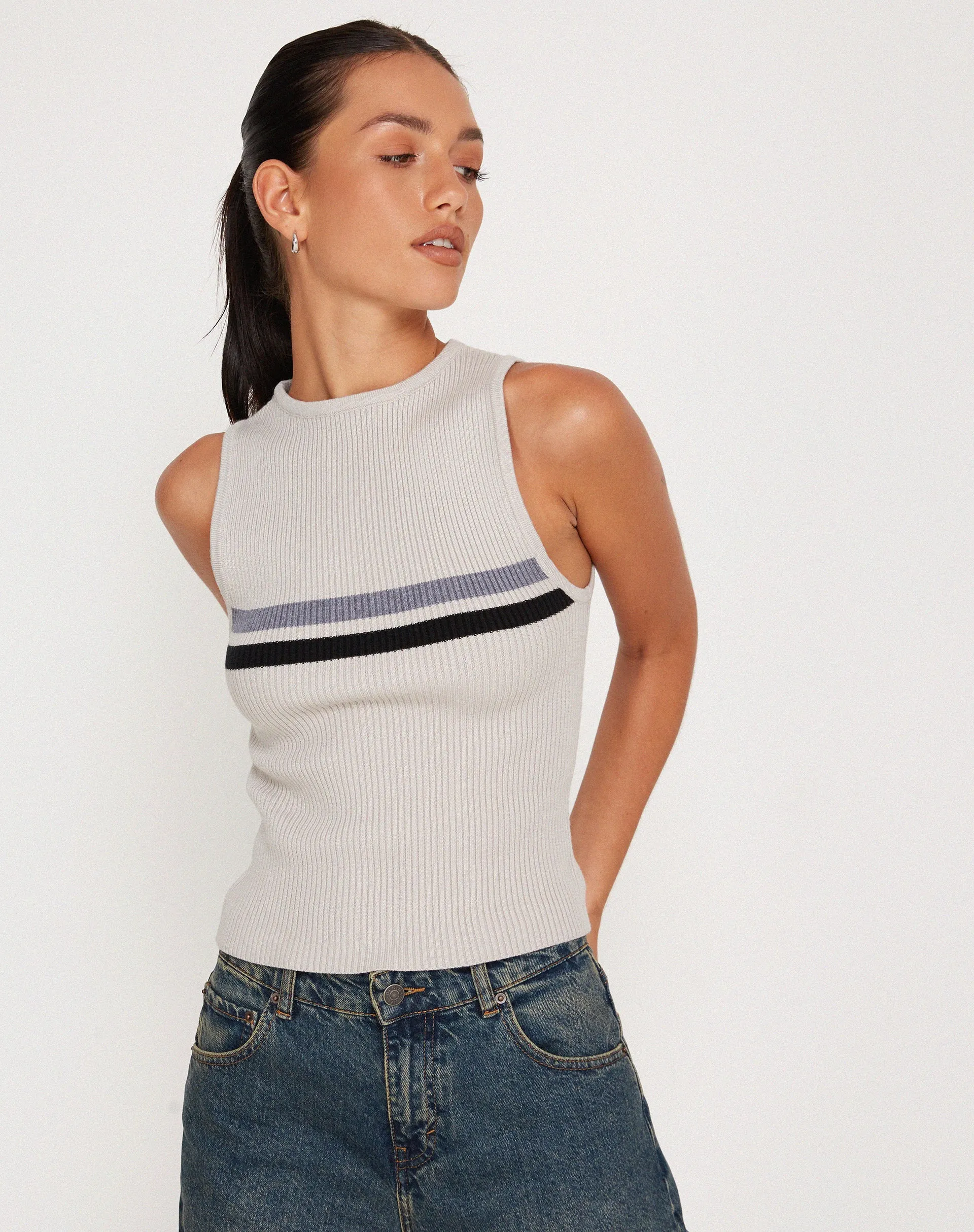 Bonisa Vest in White with Grey and Black Stripe