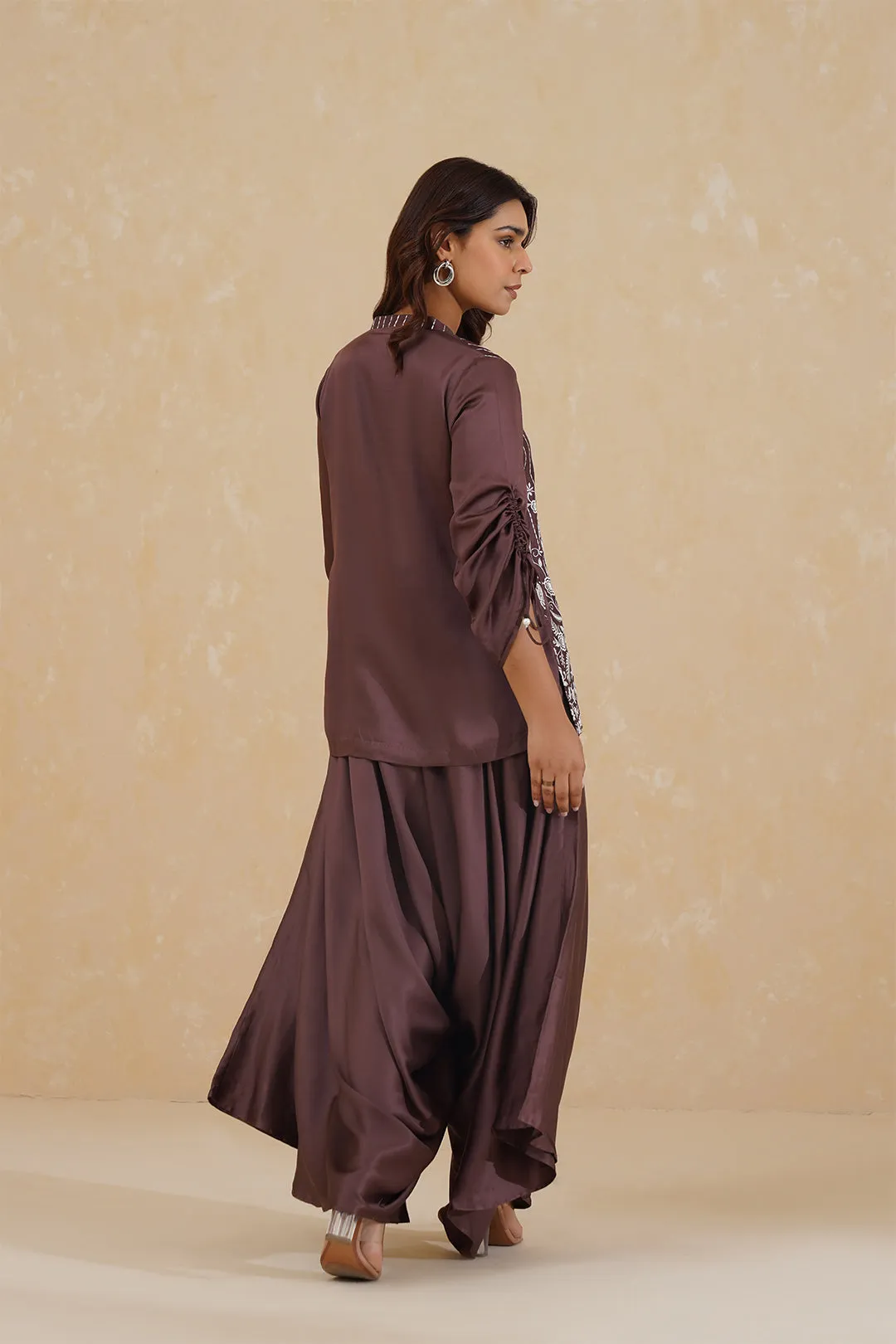 Brown Embroidered Top with Asymmetrical Pants