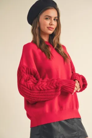 CABLE SLEEVE SWEATSHIRT, RED