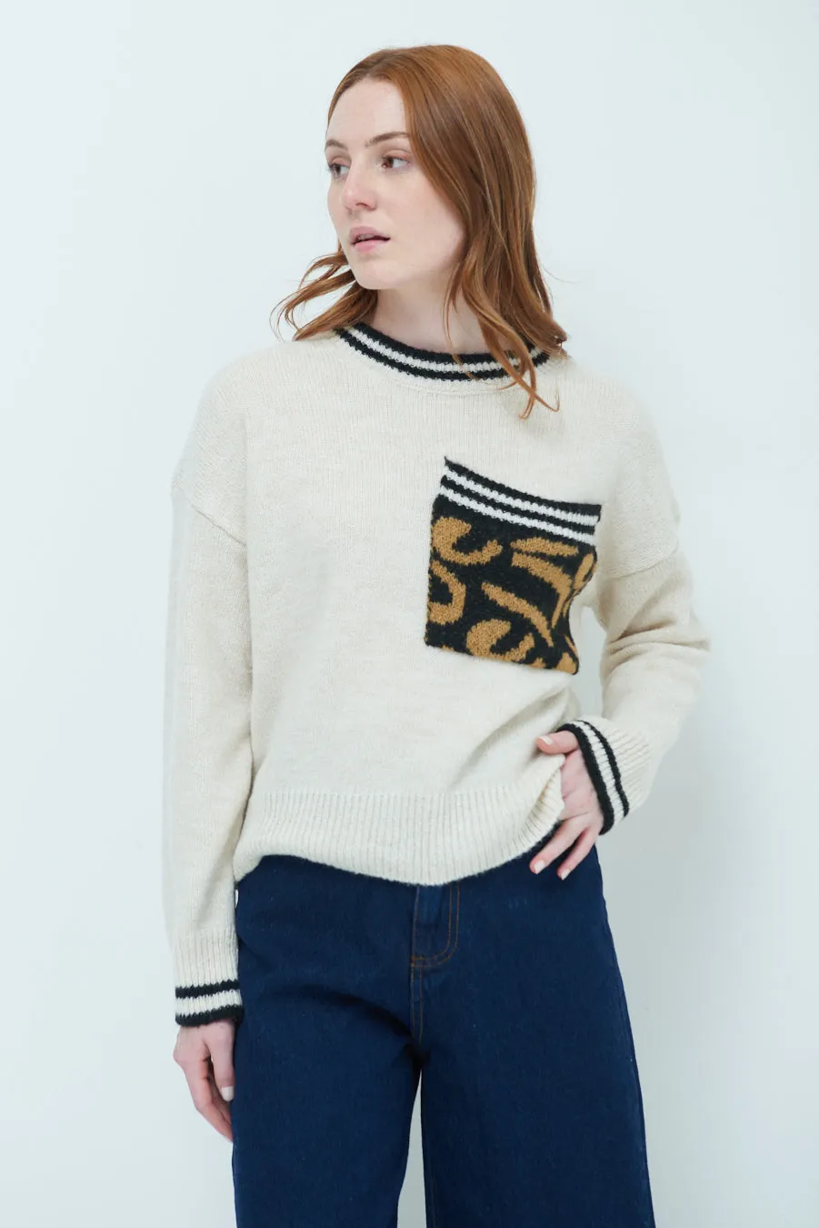 Cozy sweater with animal print pocket wholesale