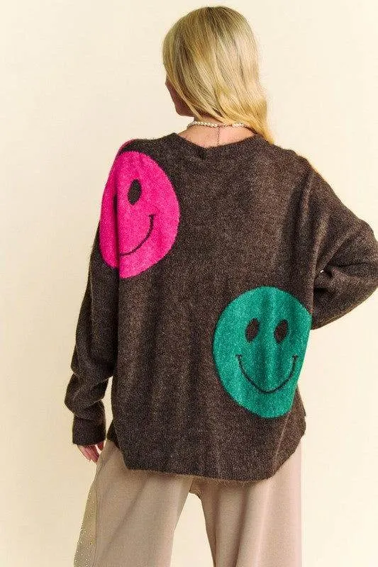 Davi & Dani Contrast Smile Round Neck Oversize Sweater In Brown