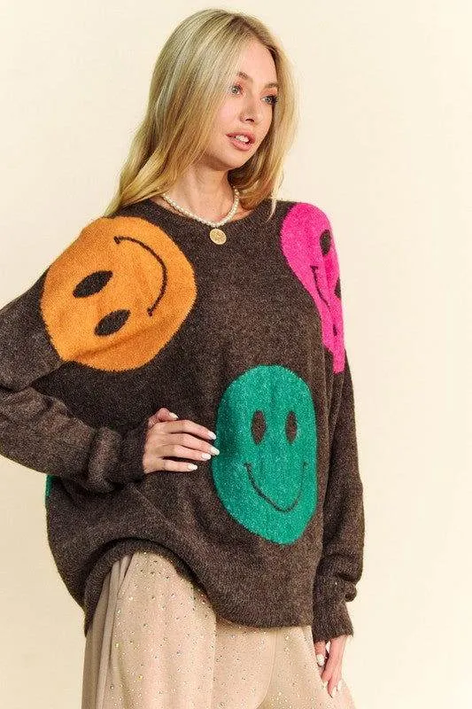 Davi & Dani Contrast Smile Round Neck Oversize Sweater In Brown