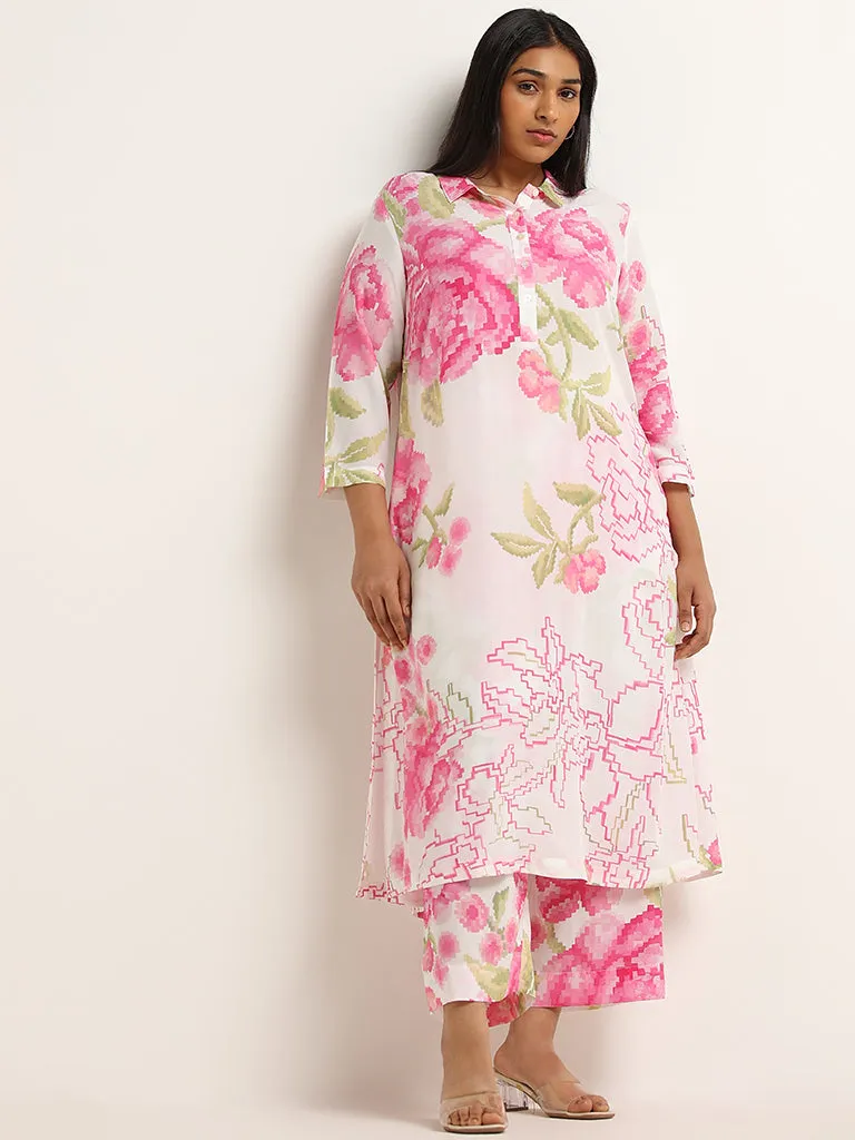 Diza Pink Mid-Rise Floral Print Straight Pants