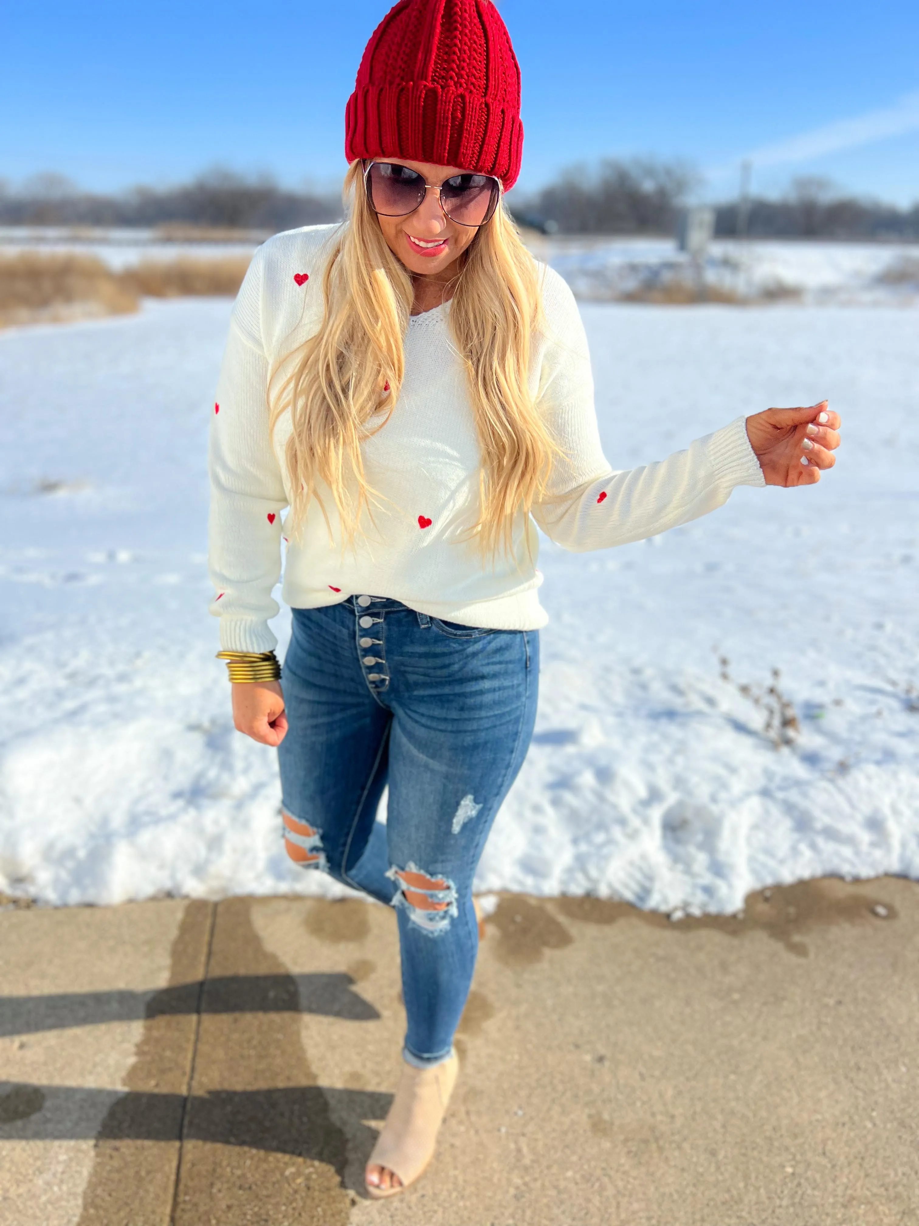 Embroidered Heart Knit Sweater