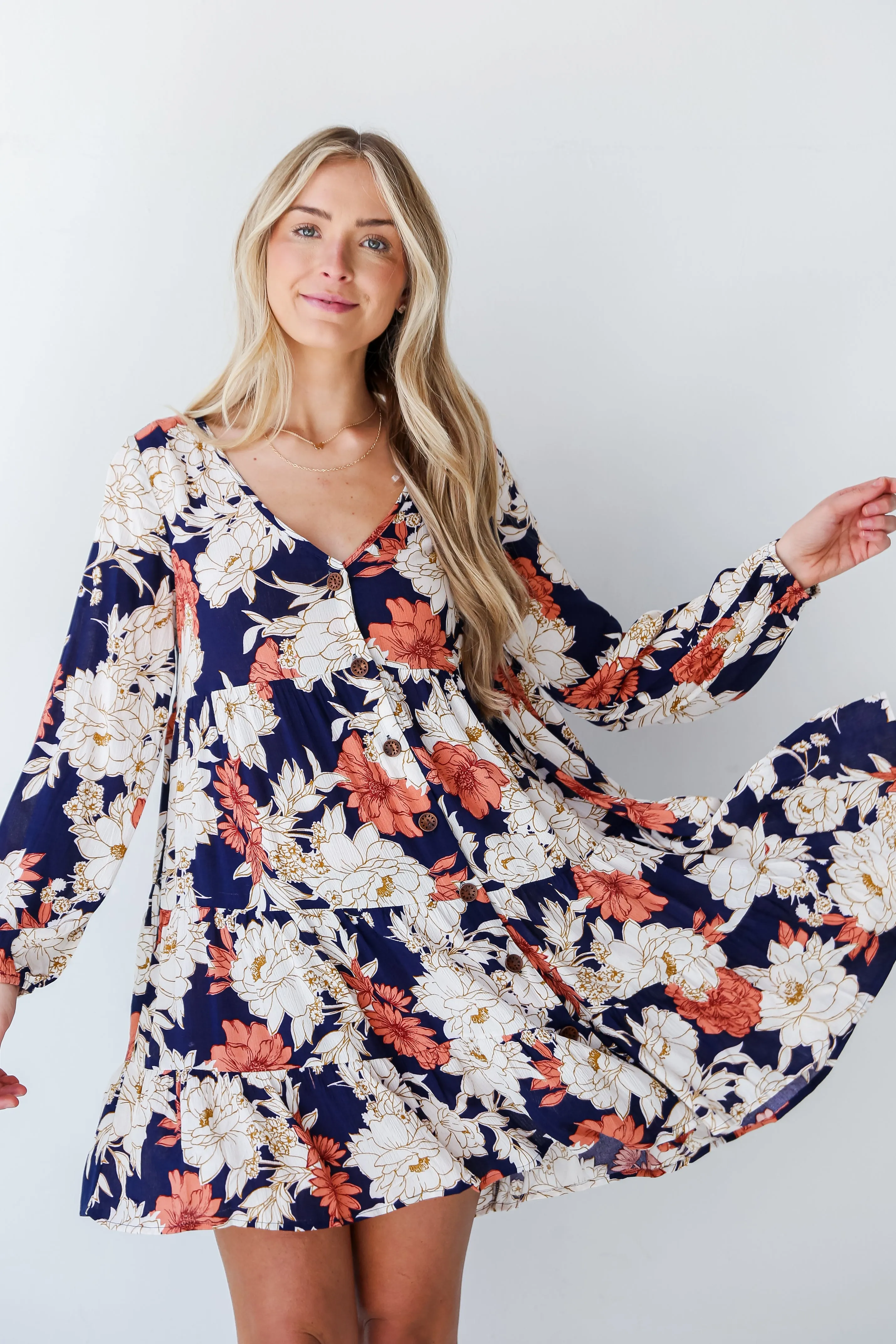 FINAL SALE - Blissful Poise Navy Floral Tiered Mini Dress