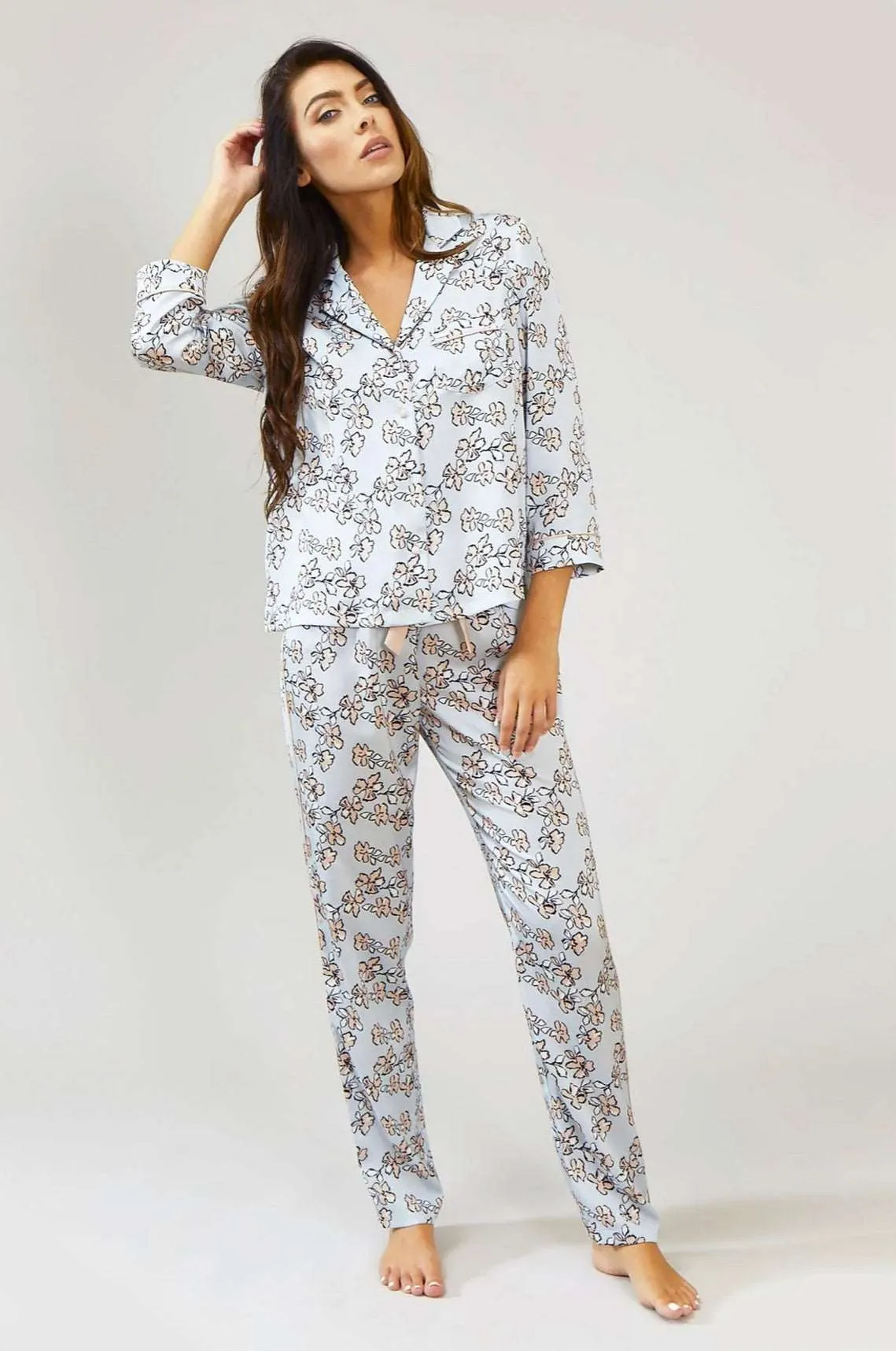 Floral Print Pajama Set in Duck Egg