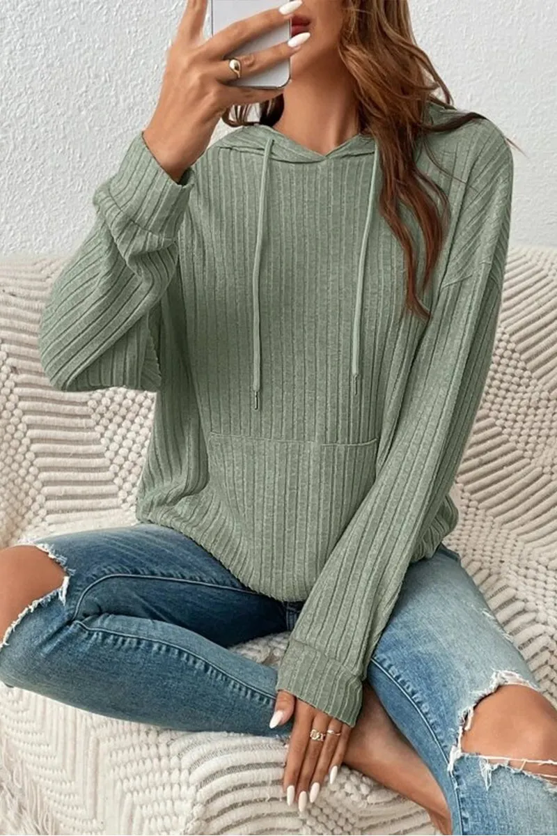 HWR1145 Cozy Vibes Ribbed Hoodie Top