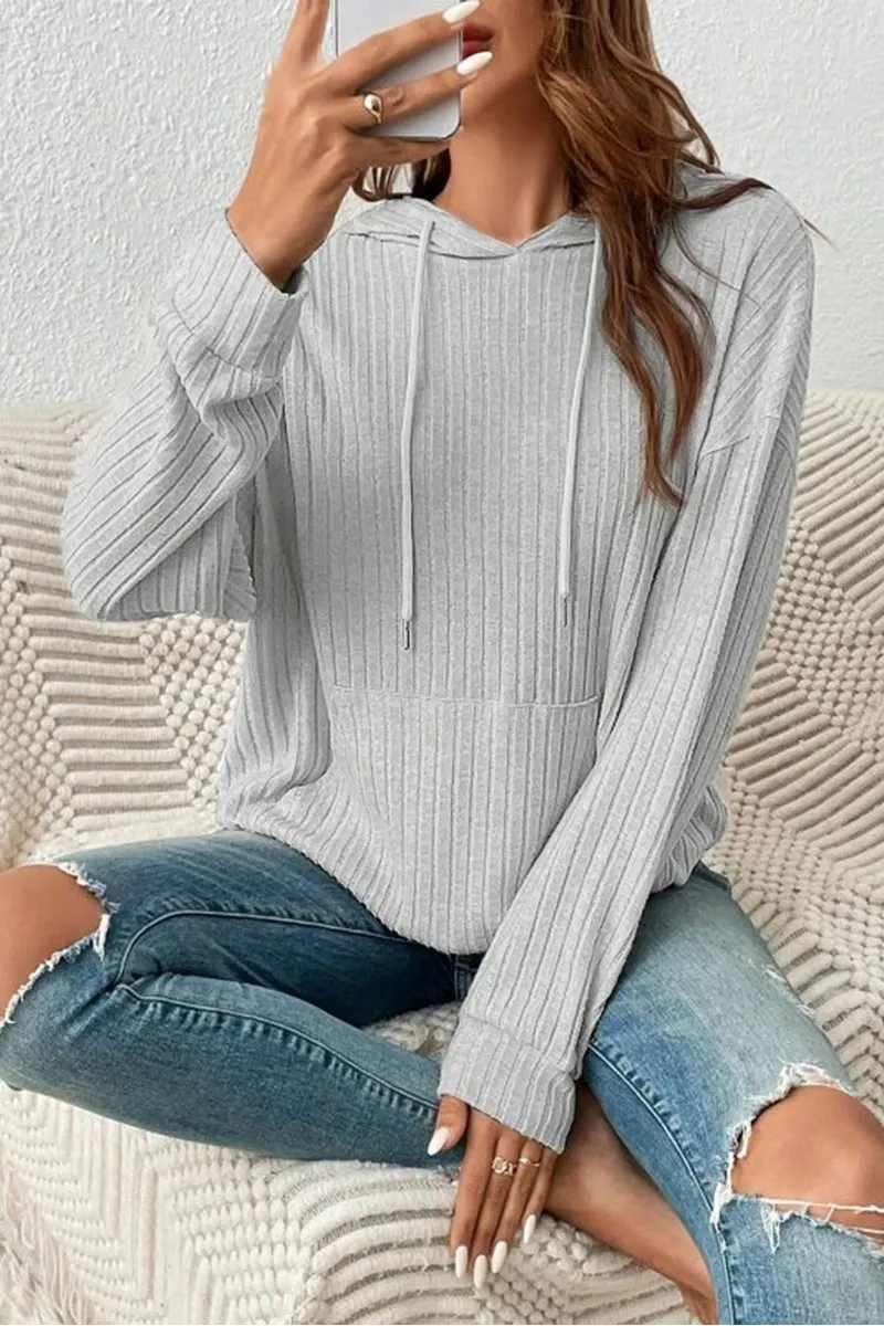 HWR1145 Cozy Vibes Ribbed Hoodie Top