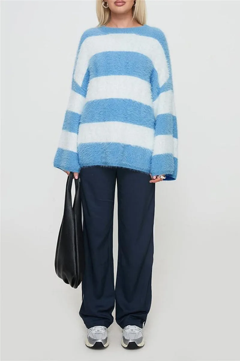 HWS1212 Fuzzy Striped Oversized Sweater