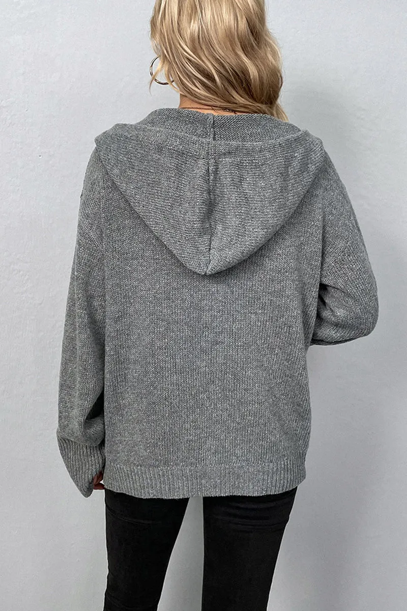 Knit Long Sleeve Single-Breasted Hooded Cardigan