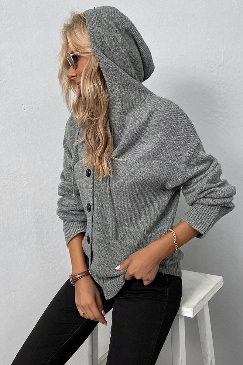 Knit Long Sleeve Single-Breasted Hooded Cardigan