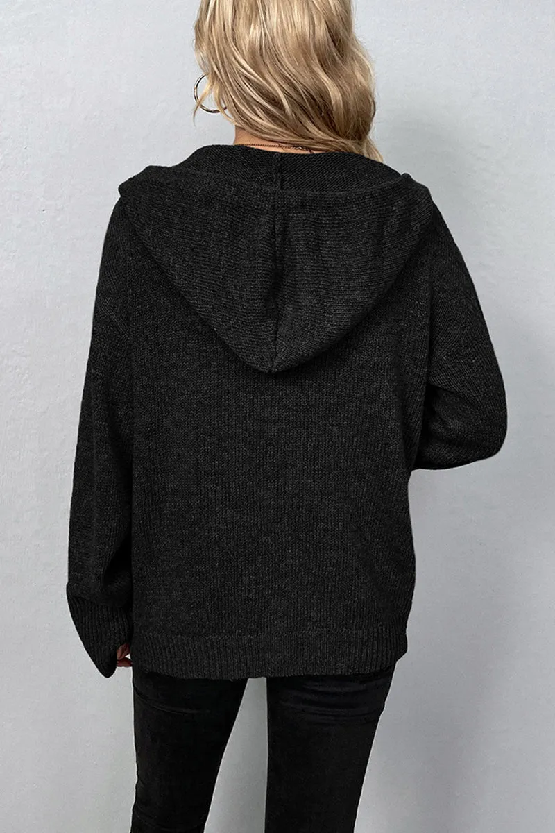 Knit Long Sleeve Single-Breasted Hooded Cardigan