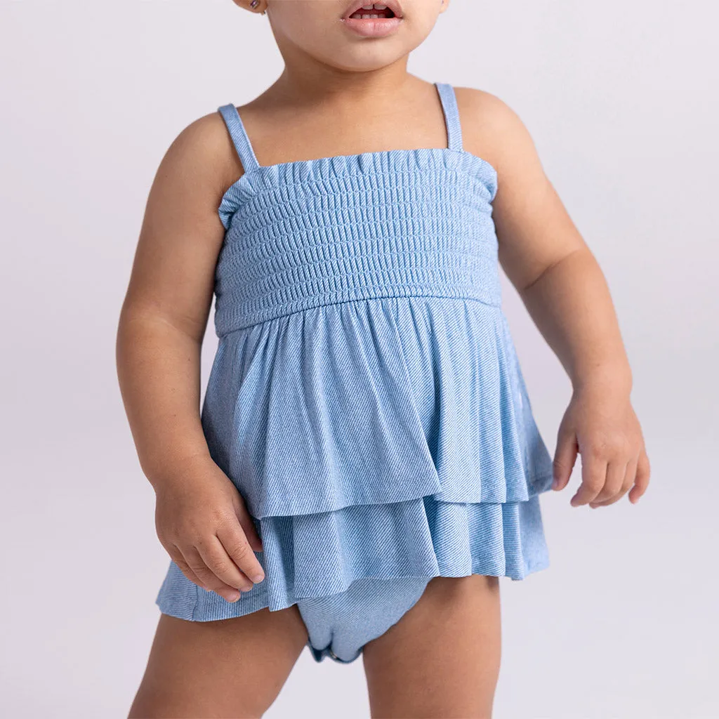 Light Blue Denim Smocked Tiered Bodysuit Dress