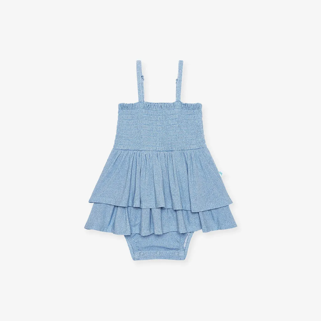 Light Blue Denim Smocked Tiered Bodysuit Dress