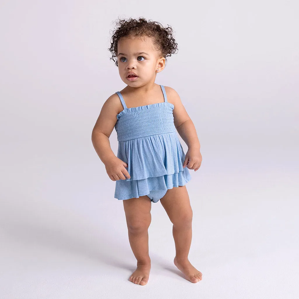 Light Blue Denim Smocked Tiered Bodysuit Dress