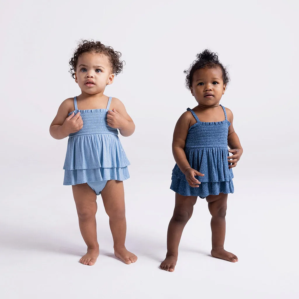 Light Blue Denim Smocked Tiered Bodysuit Dress