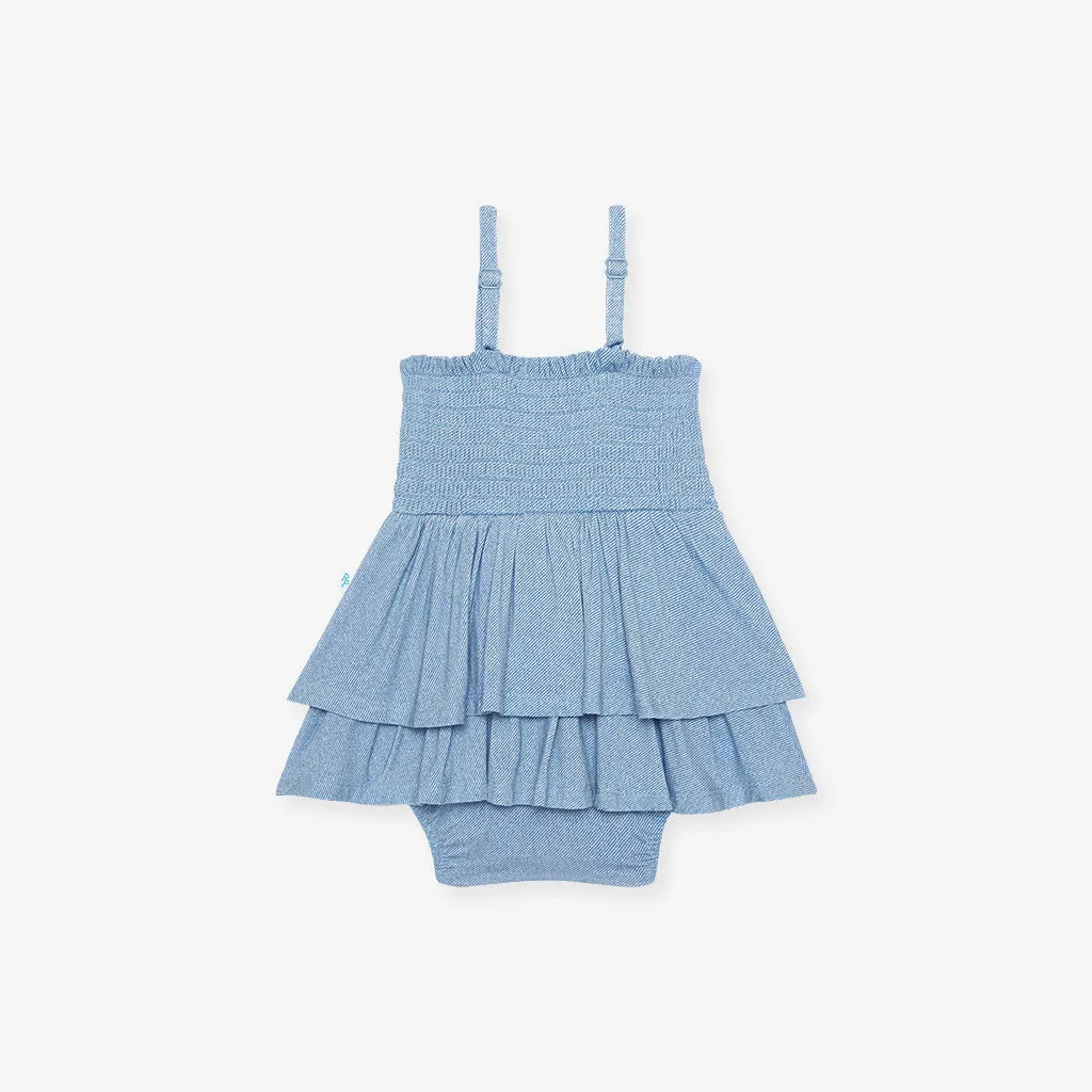 Light Blue Denim Smocked Tiered Bodysuit Dress