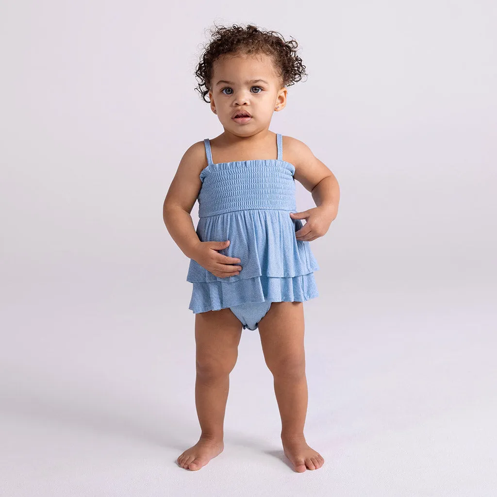 Light Blue Denim Smocked Tiered Bodysuit Dress