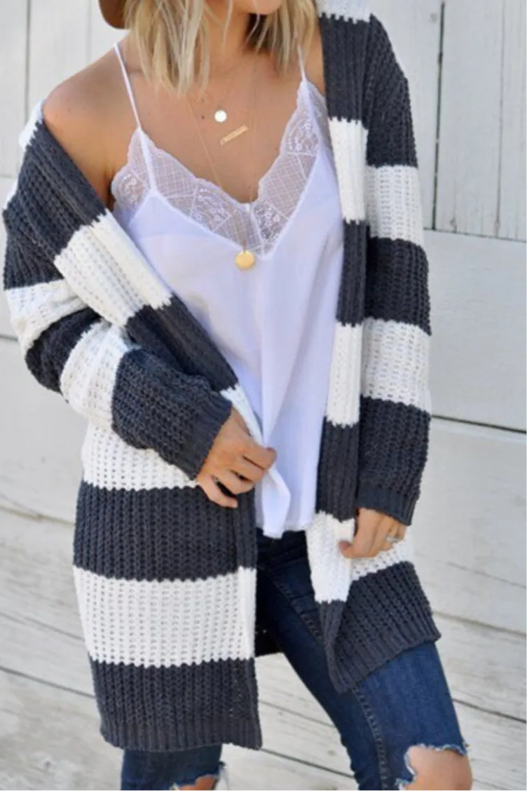 Lincoln Cozy Striped Open Front Cardigan with Hoodie