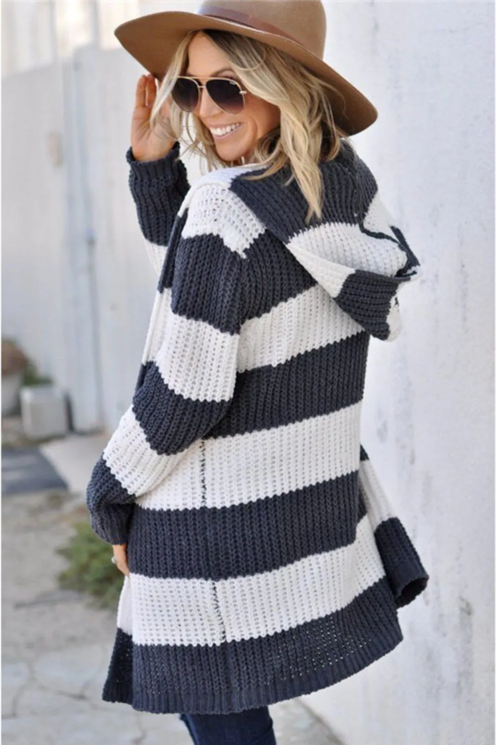 Lincoln Cozy Striped Open Front Cardigan with Hoodie