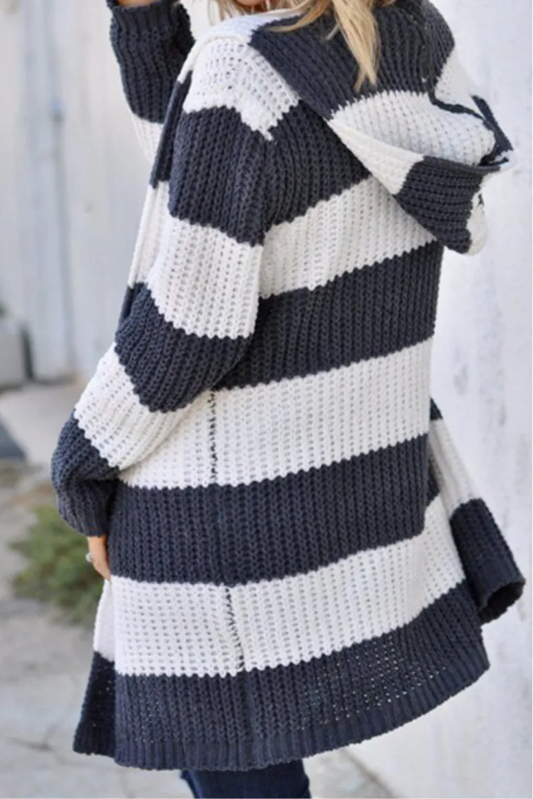 Lincoln Cozy Striped Open Front Cardigan with Hoodie