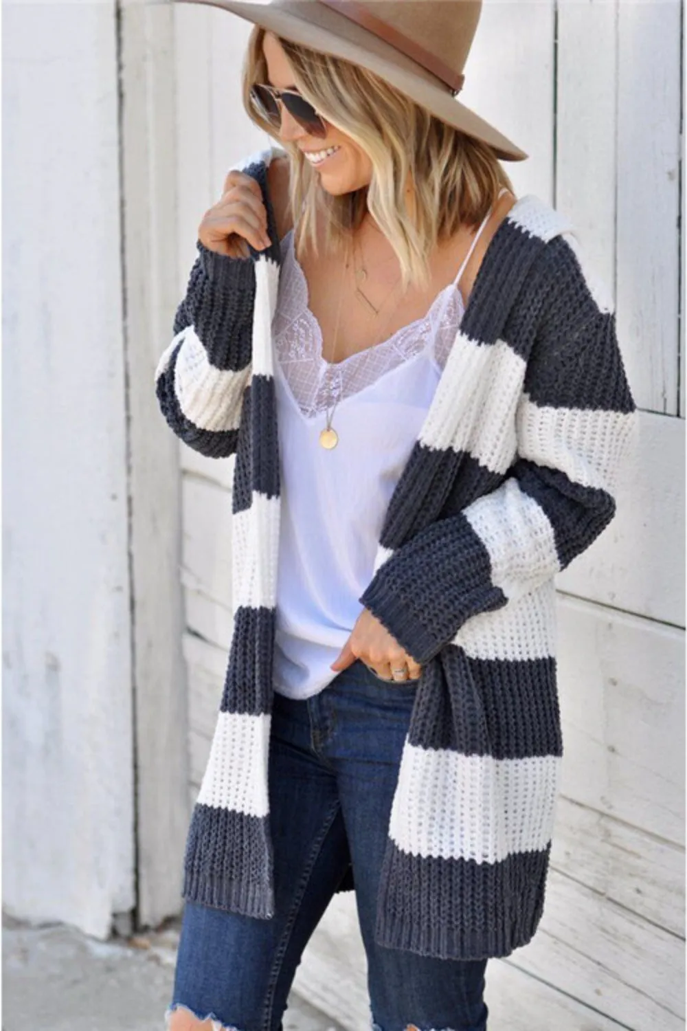 Lincoln Cozy Striped Open Front Cardigan with Hoodie