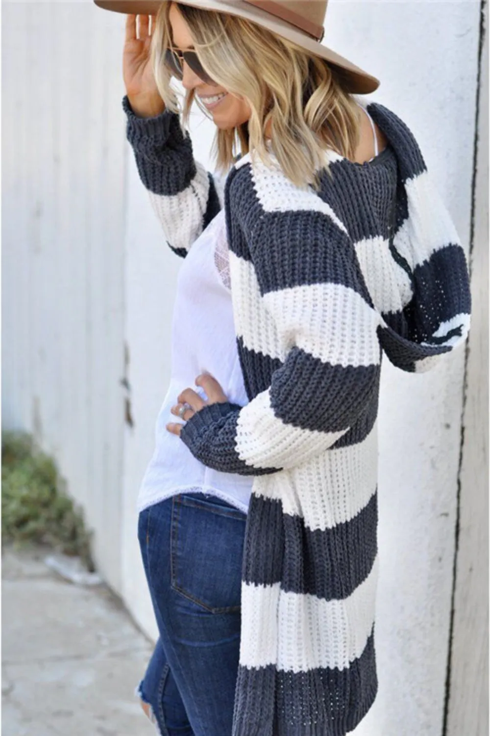 Lincoln Cozy Striped Open Front Cardigan with Hoodie