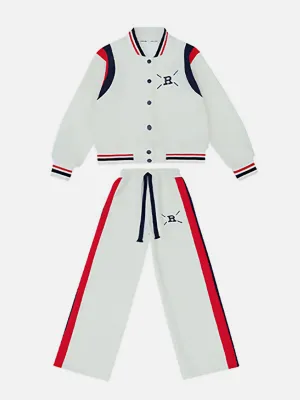 Little Surprise Box,2Pcs Cream Red -Navy Varsity Style Jacket With Matching Pants