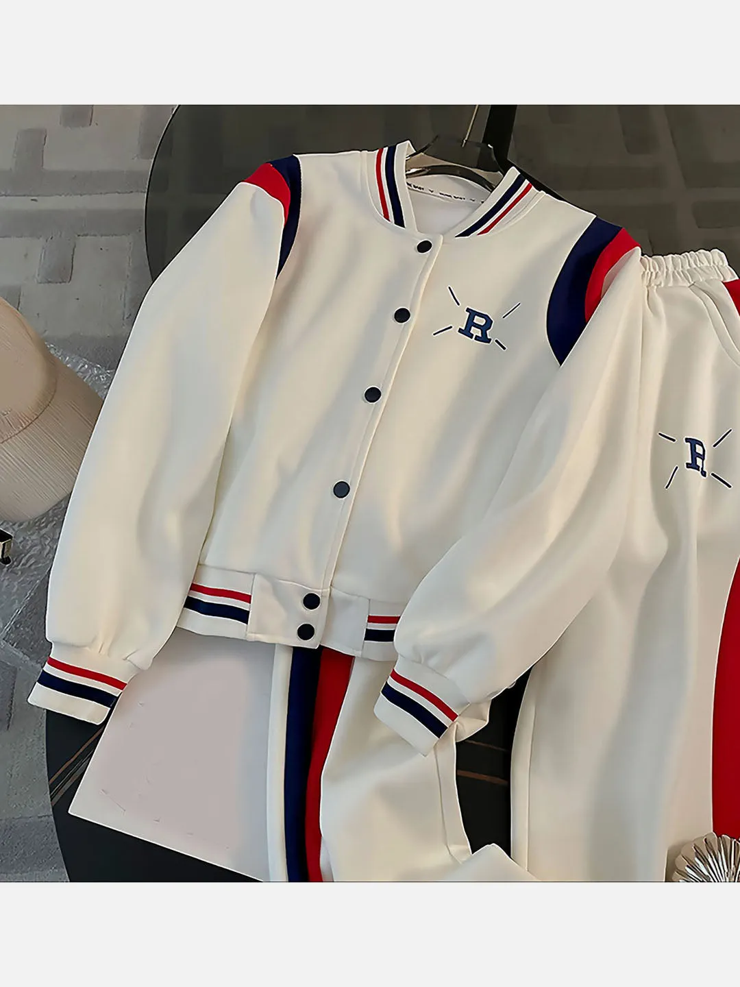 Little Surprise Box,2Pcs Cream Red -Navy Varsity Style Jacket With Matching Pants