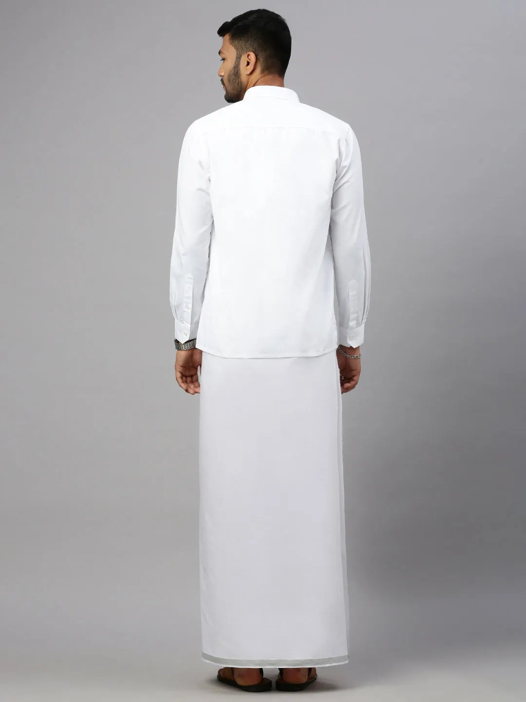 Men Double Dhoti White with Silver Jari 3/4" Ivory