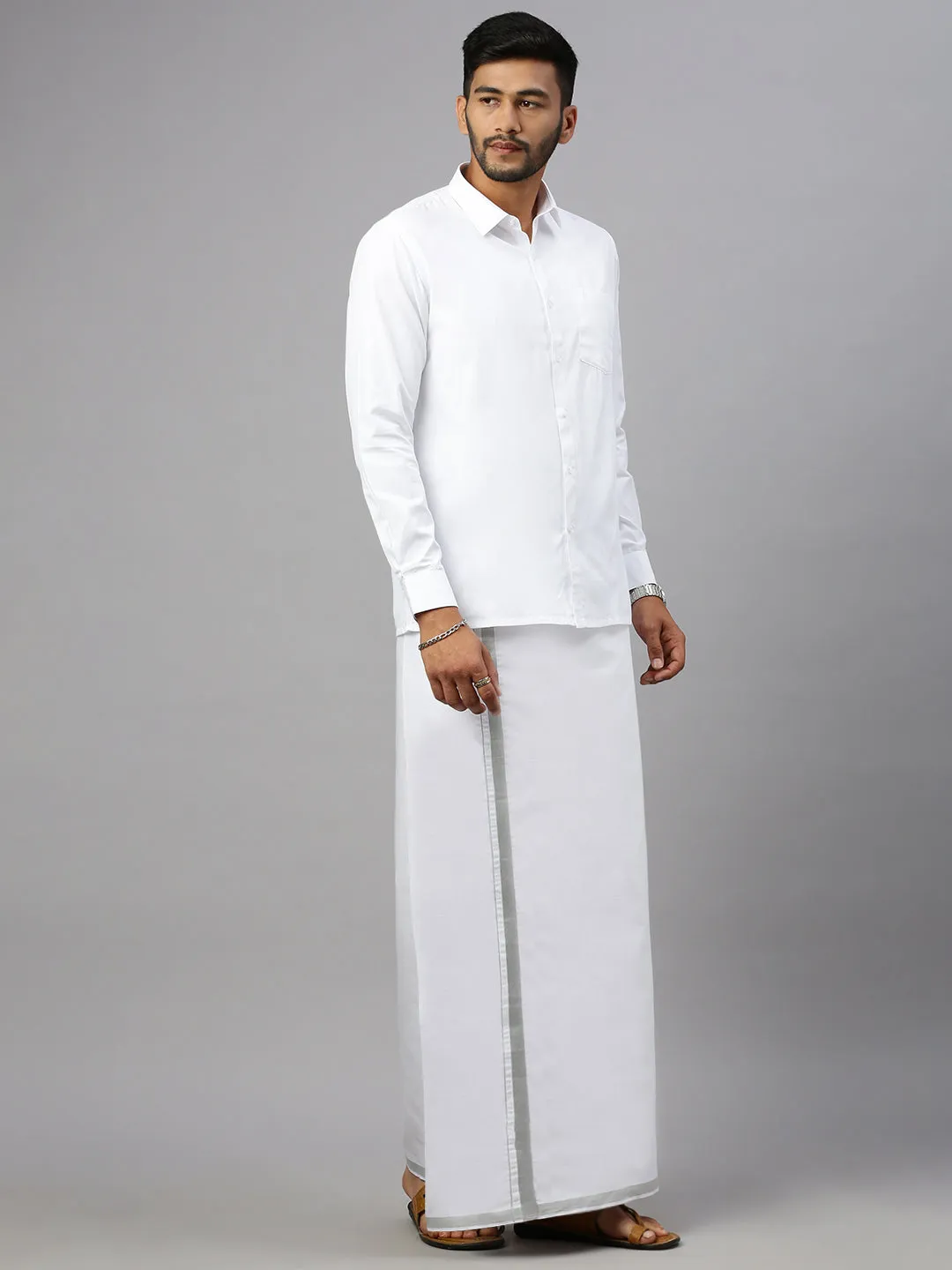 Men Double Dhoti White with Silver Jari 3/4" Ivory