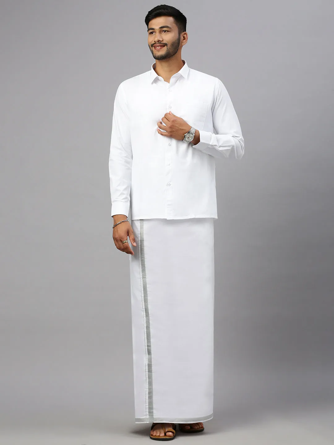 Men Double Dhoti White with Silver Jari 3/4" Ivory