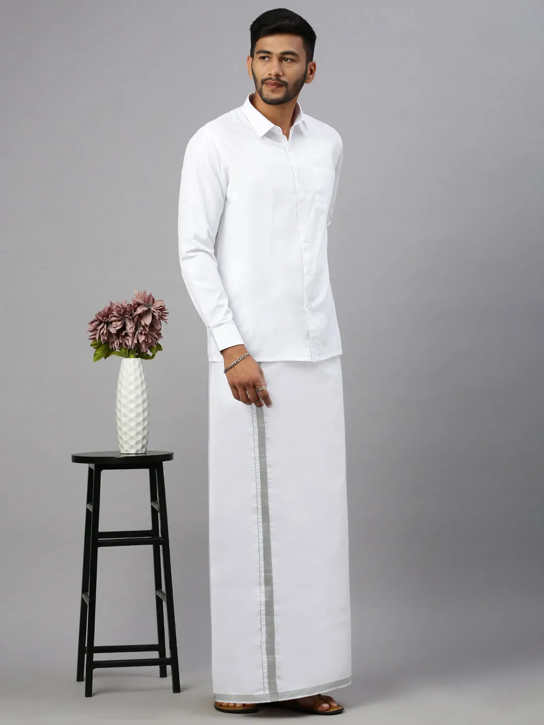 Men Double Dhoti White with Silver Jari 3/4" Ivory