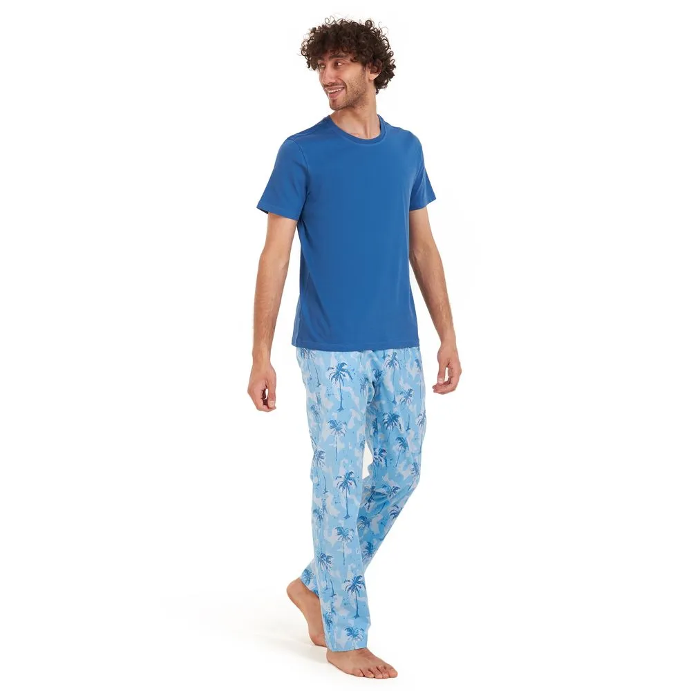 Men summer pajama set Petroleum t-shirt  Light blue Palm Pants