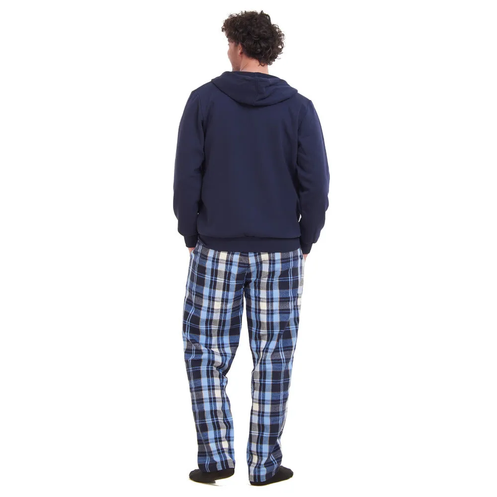 Men Winter Pajama 3 PCS Set Dark Blue Sweatshirt  Off-white T-shirt  Light Blue x Dark Blue Checkered Pants