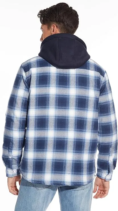 Men's Blue White Flannel Shirt Lumberjack Jacket with Removable Hood