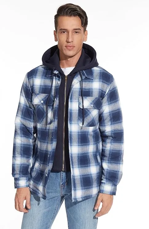 Men's Blue White Flannel Shirt Lumberjack Jacket with Removable Hood