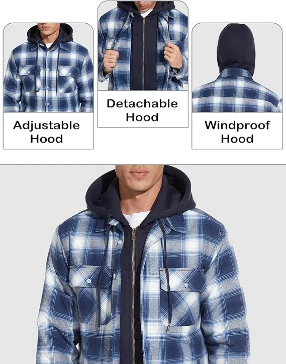 Men's Blue White Flannel Shirt Lumberjack Jacket with Removable Hood