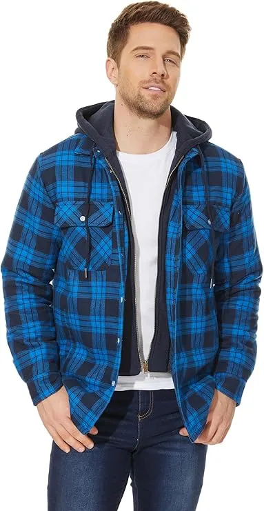 Men's Bright Blue Flannel Shirt Lumberjack Jacket with Removable Hood