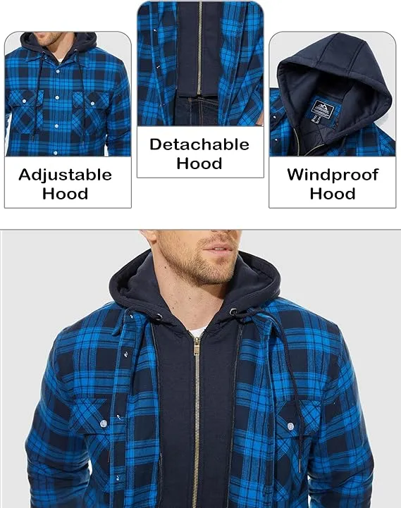 Men's Bright Blue Flannel Shirt Lumberjack Jacket with Removable Hood