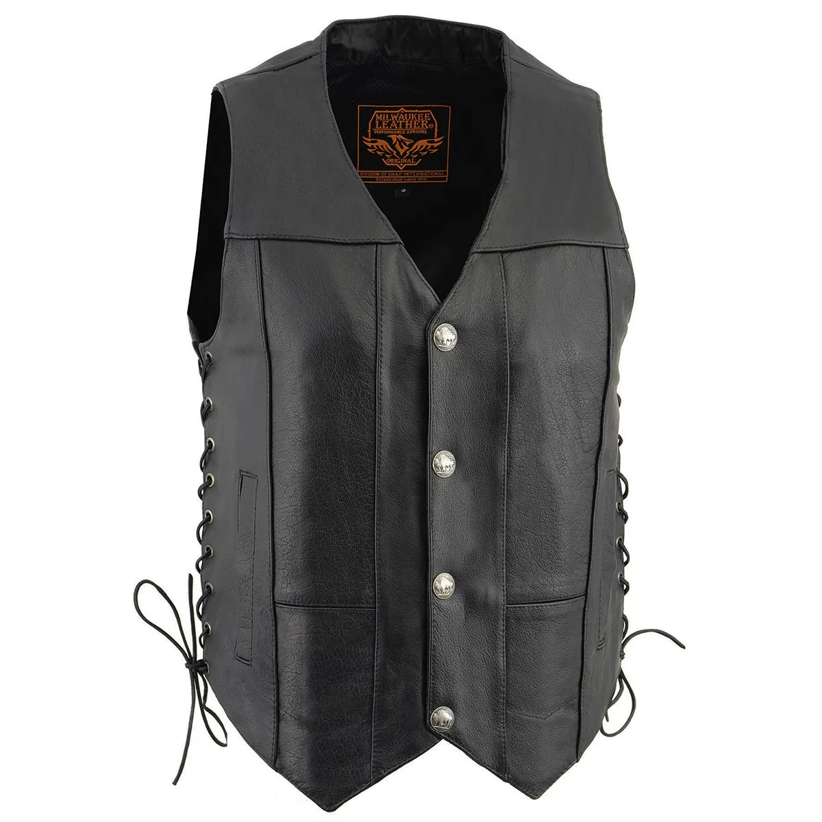 Milwaukee Leather LKM3701 Men's Black Leather Classic V-Neck Motorcycle Rider Vest w/ Buffalo Snaps and Side Laces