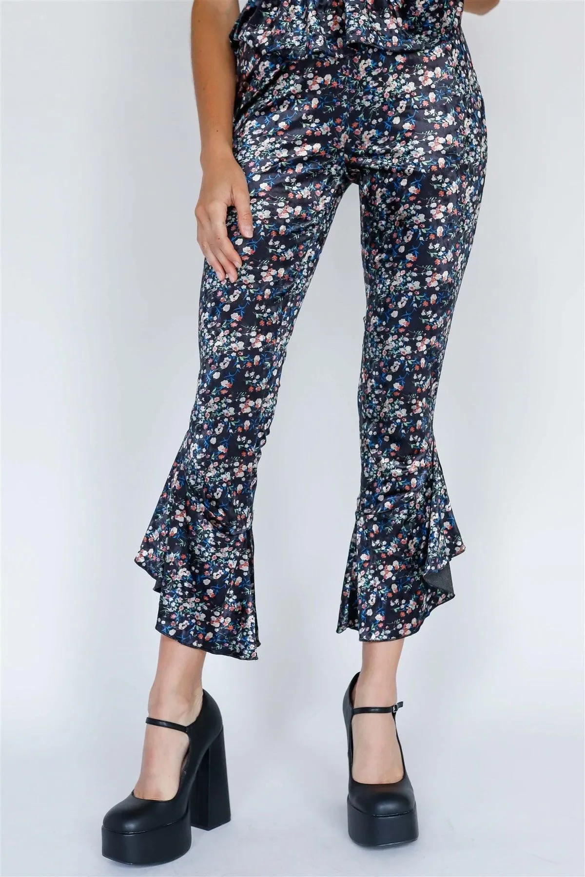 Multi Color Floral Print Velvet Top & Flare Hem Pants Set