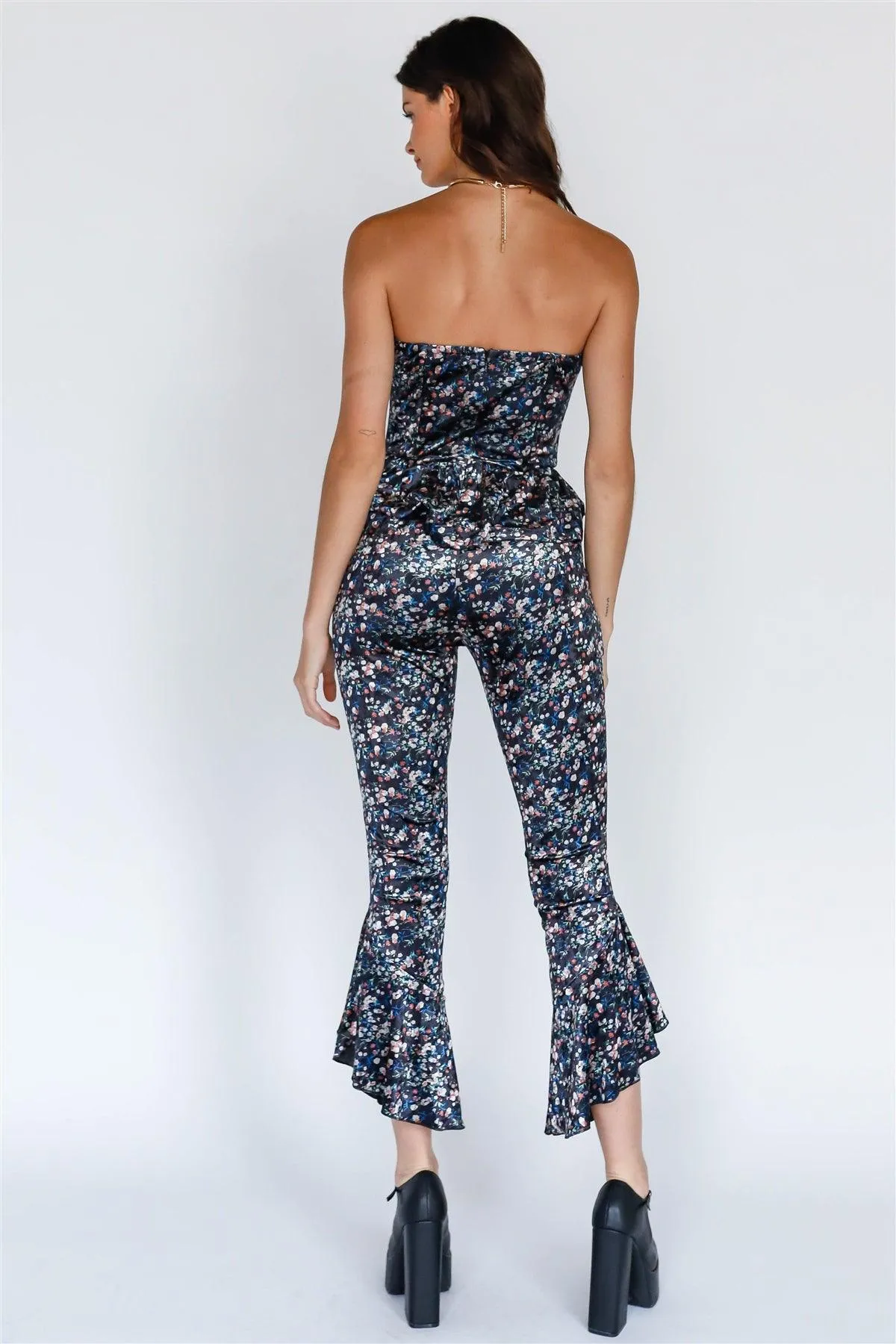 Multi Color Floral Print Velvet Top & Flare Hem Pants Set