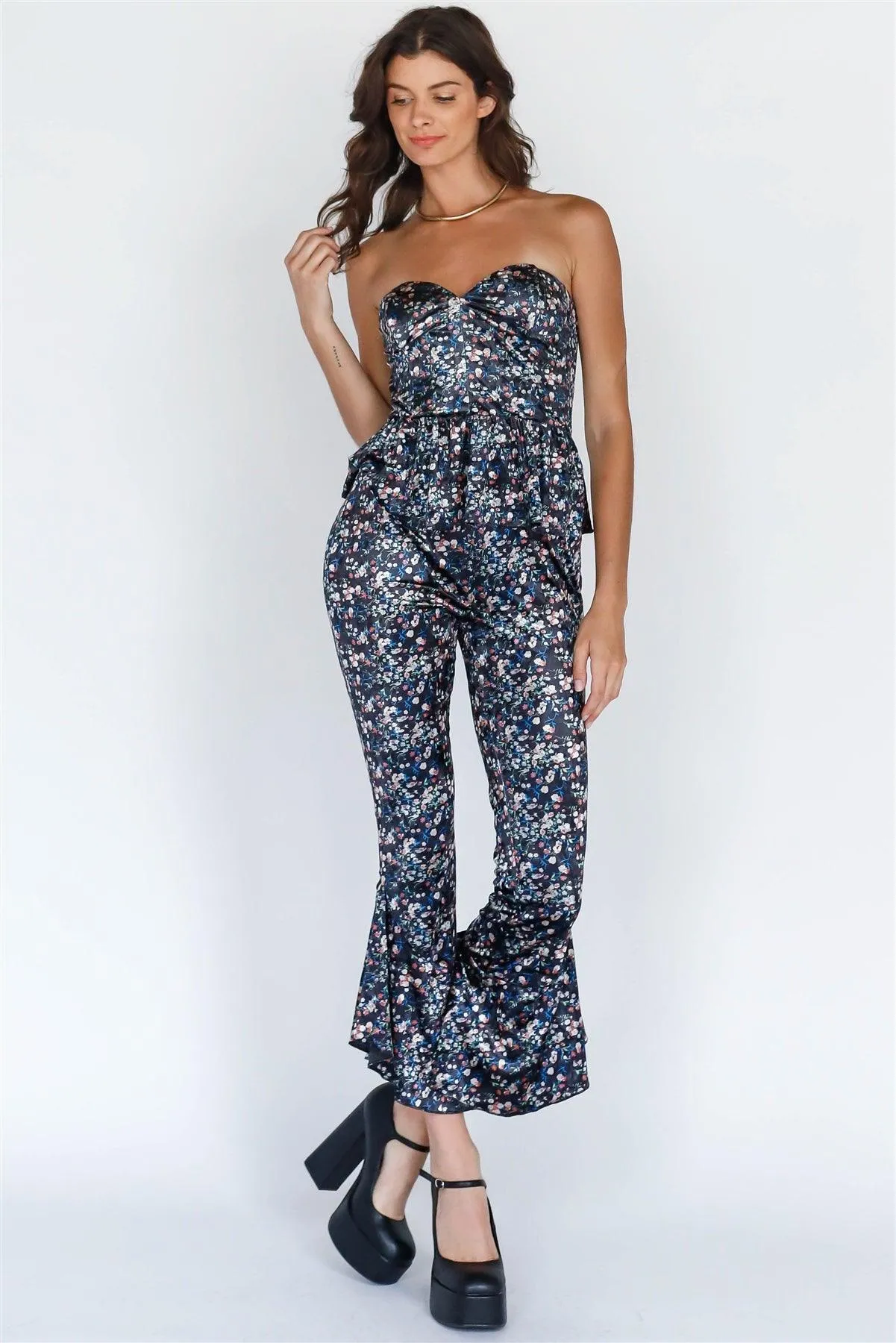 Multi Color Floral Print Velvet Top & Flare Hem Pants Set