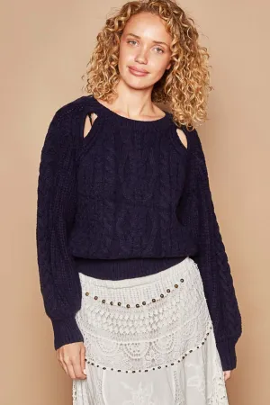 Navy Cable Knit Cutout Long Sleeve Sweater