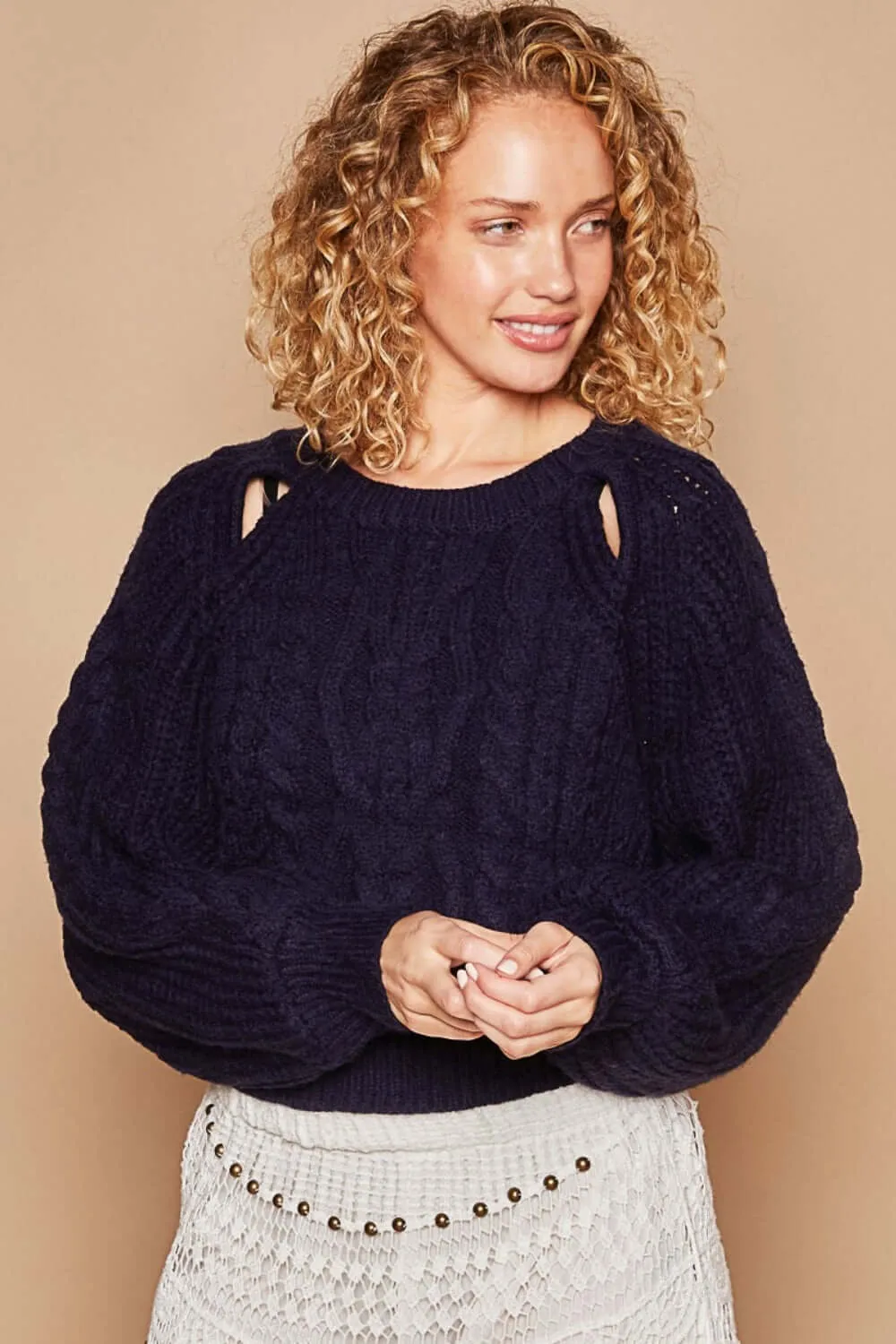 Navy Cable Knit Cutout Long Sleeve Sweater