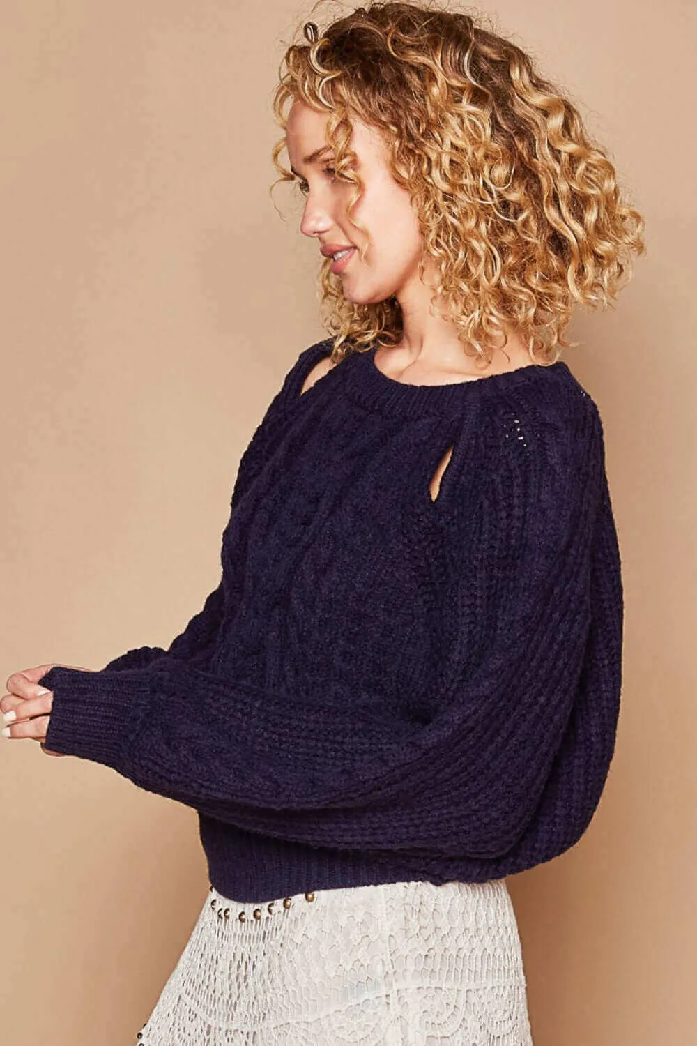 Navy Cable Knit Cutout Long Sleeve Sweater